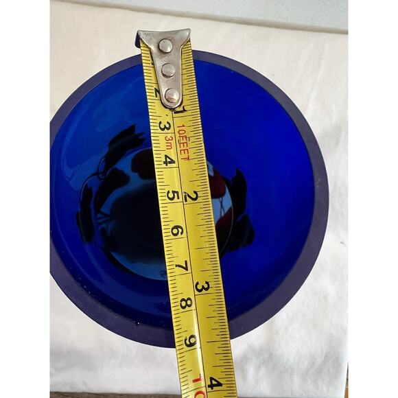 Vintage Cobalt Blue Glass Vase with Black Floral Overlay Signed Art Glass 10” - Picture 8 of 12